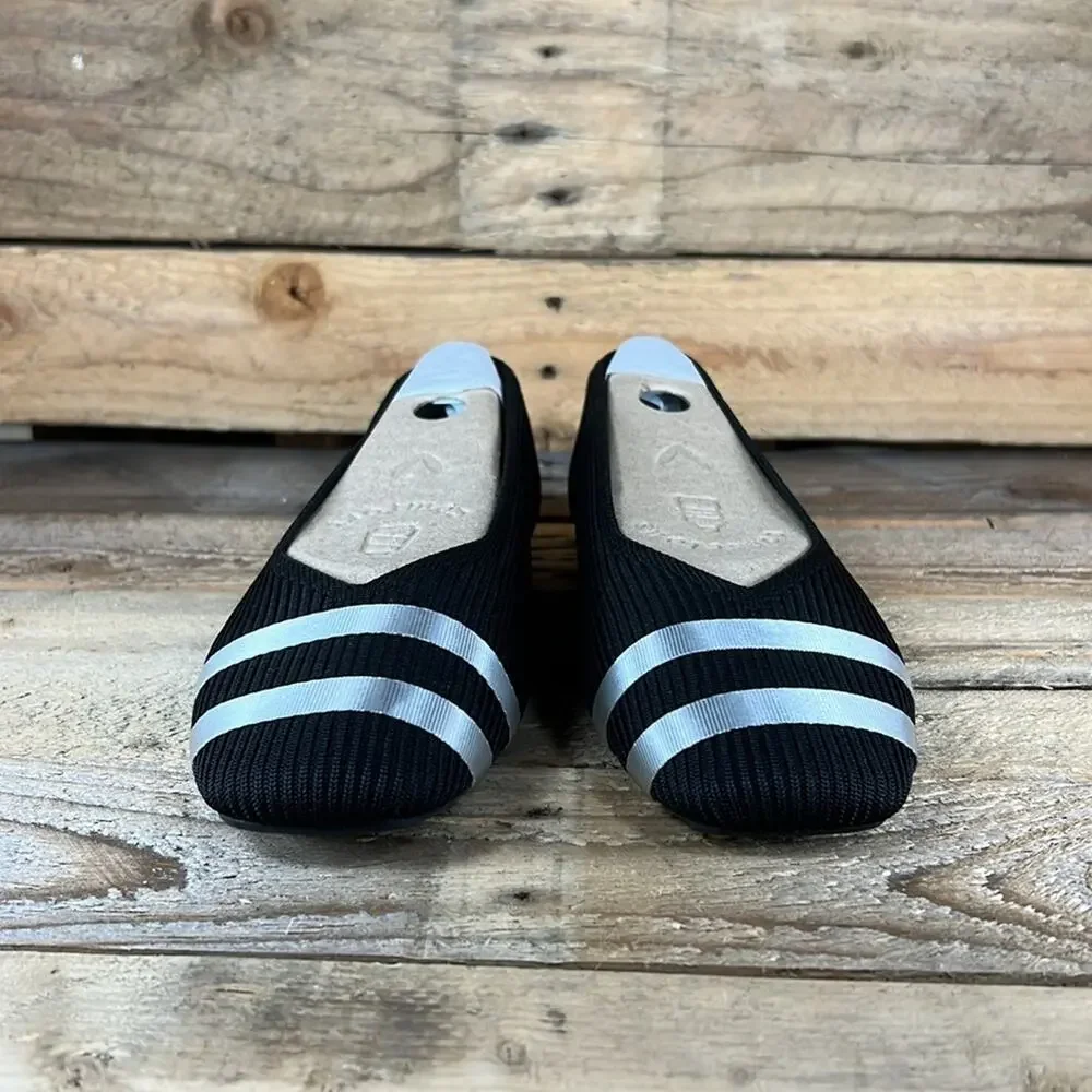 Black Ribbed Ballet Flats with Silver Stripes and Removable Bows